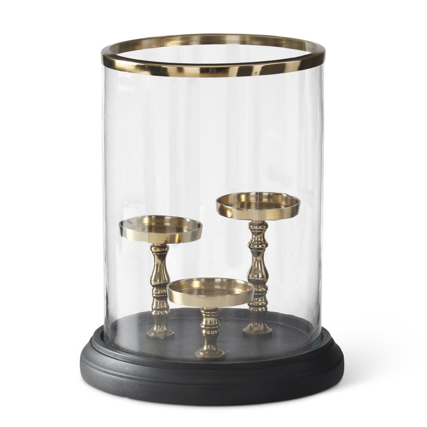 13.25 Inch Black & Gold 3 Piller Candleholder w/Glass Hurricane