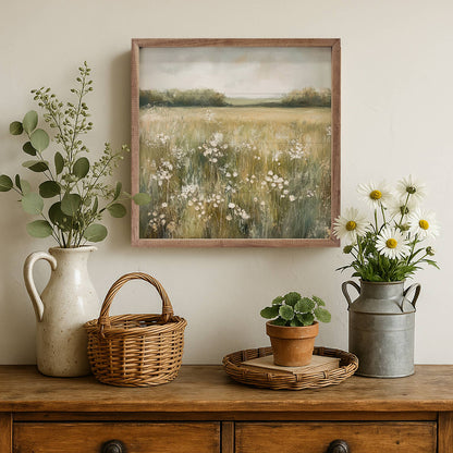 Neutral Field Of Flowers By Petals Prints Design Wooden Art Print