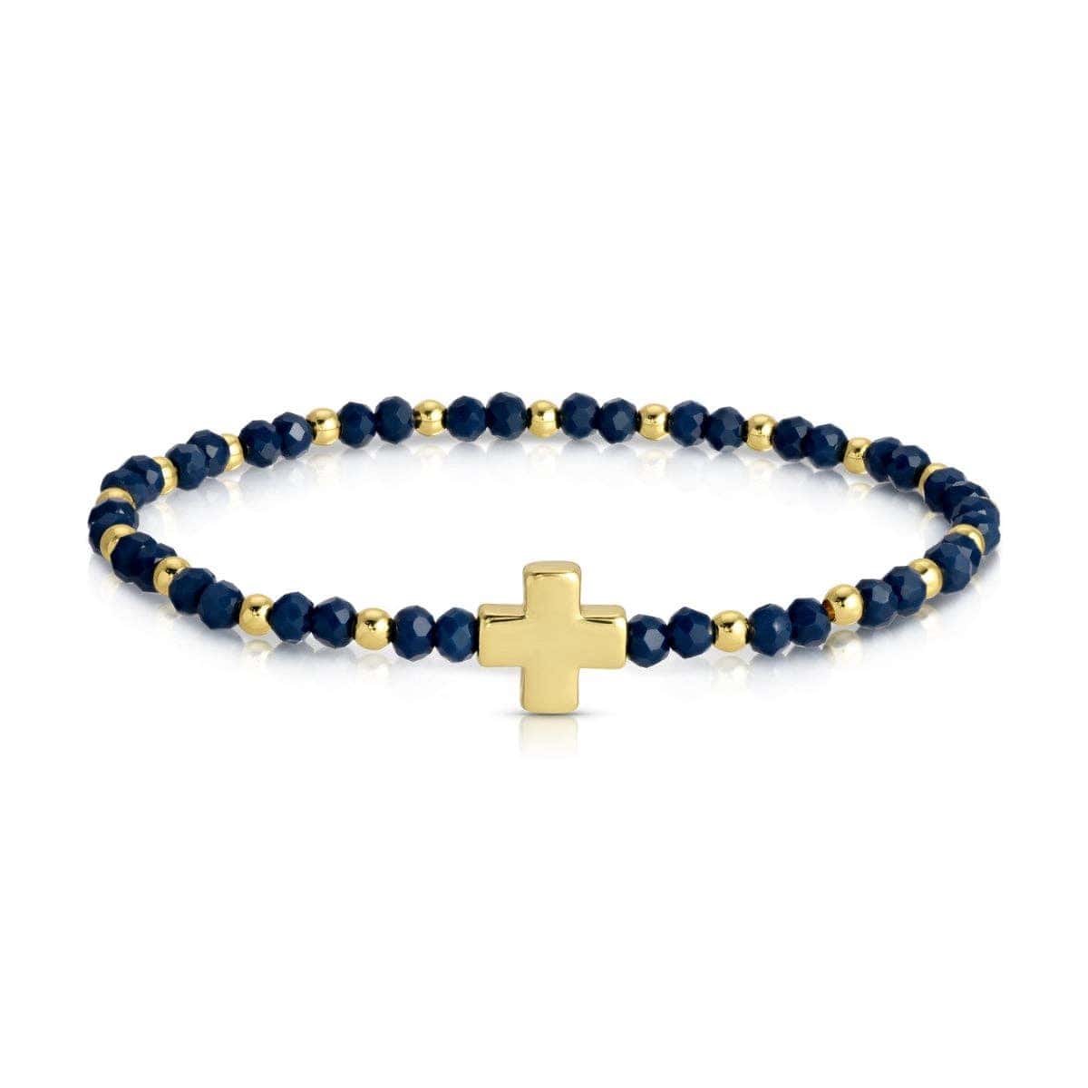Navy blue crystal stretch bracelet with gold beads and gold cross centerpiece