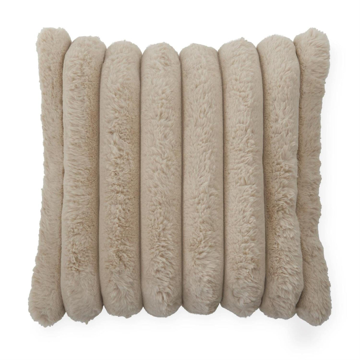 18-inch tan vegan fur throw pillow with ribbed channel tufting detail