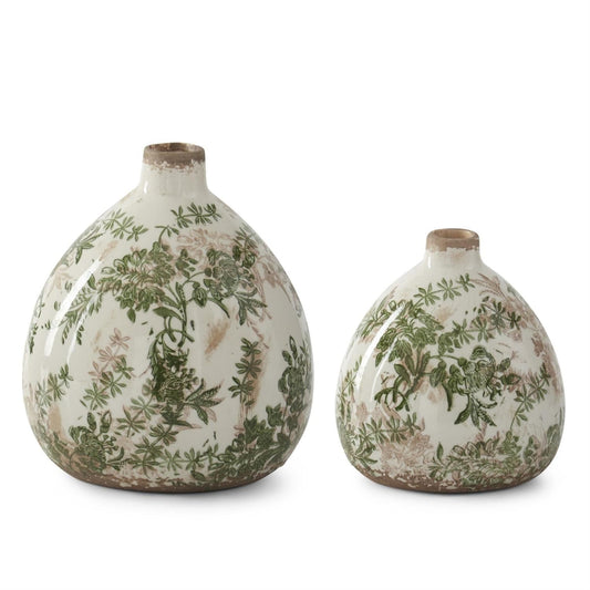 Green & Cream w/Brown Crackled Ceramic Chinoiserie Vase
