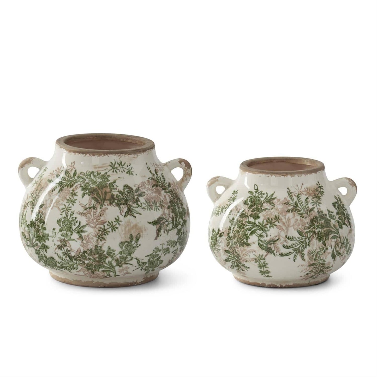 Green & Cream w/Brown Crackled Ceramic Chinoiserie Pot