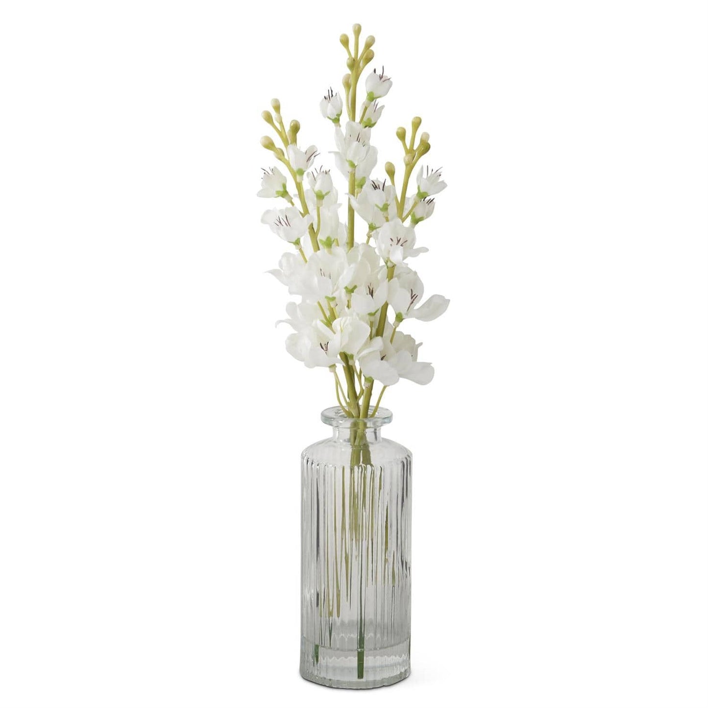 12 Inch White Delphinium Premade in Glass Vase w/Faux Water