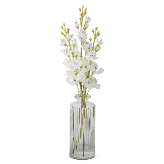 12 Inch White Delphinium Premade in Glass Vase w/Faux Water