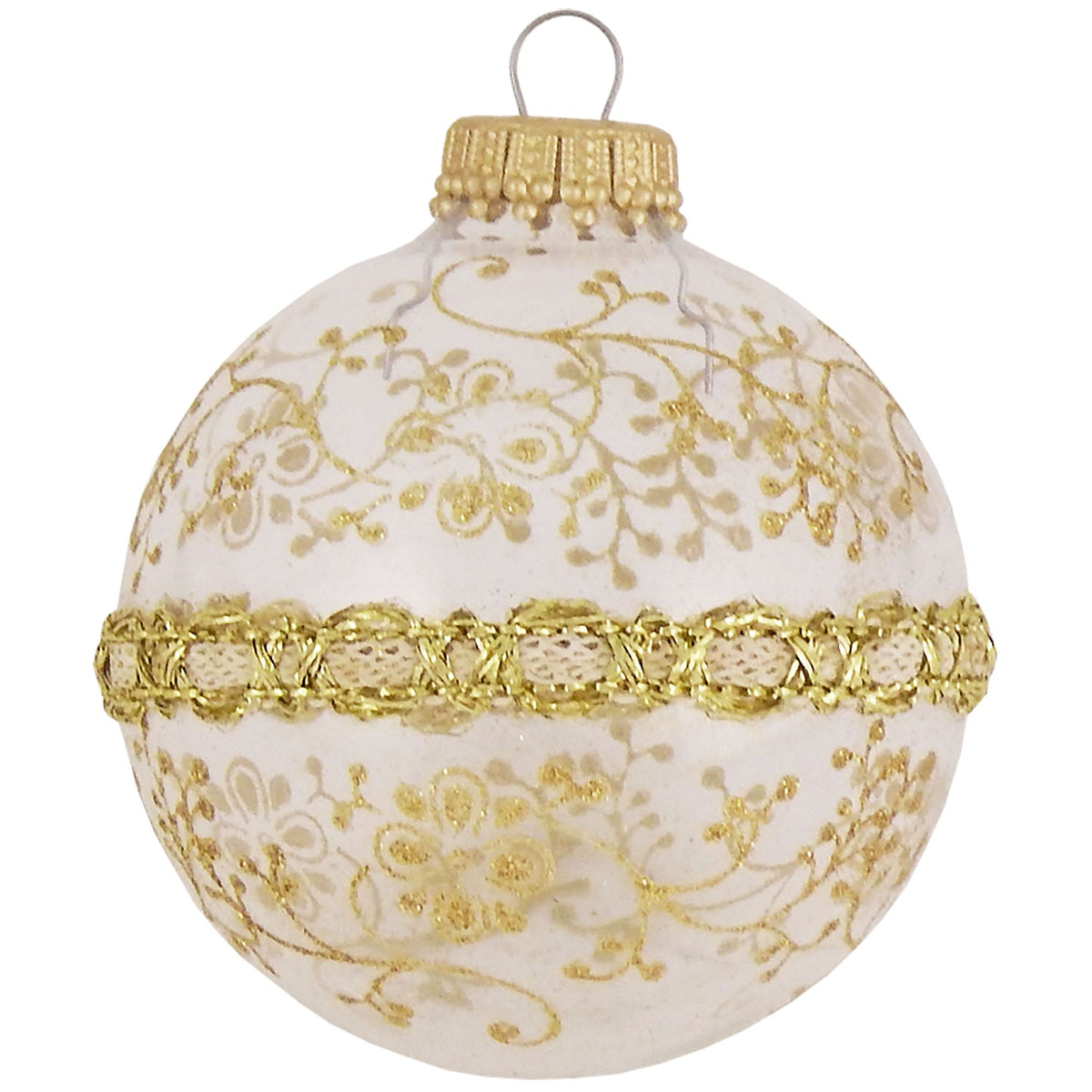 Frosted white glass Christmas ball ornament with gold glitter floral pattern and decorative gold braid band