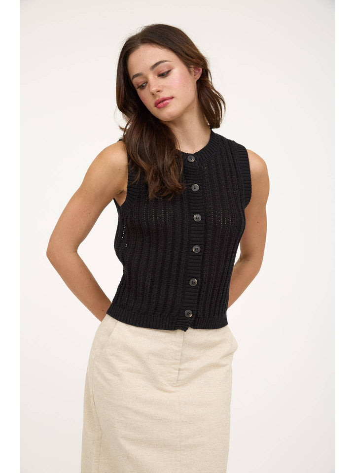 Crew neck button down sleveless knit cardigan