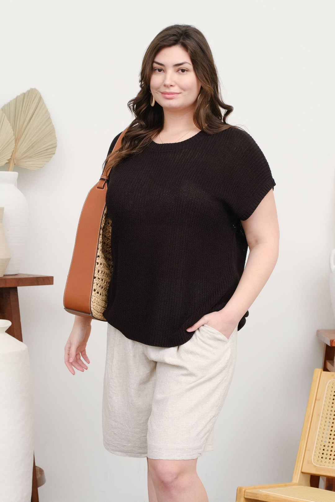 PLUS CREW NECK SHORT SLEEVE CROCHET KNIT PULLOVER