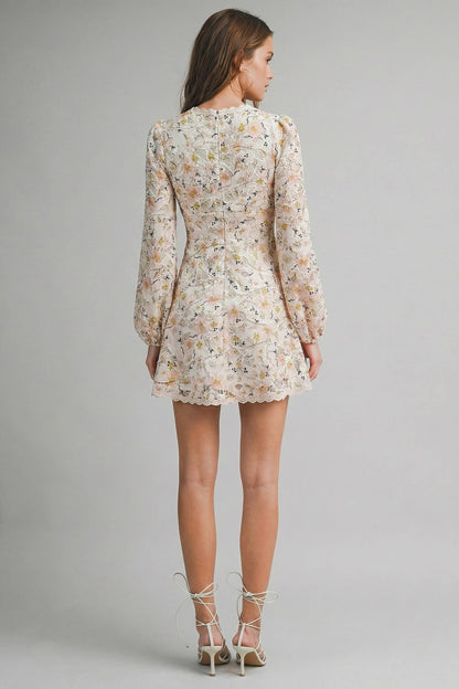 ED6112A Floral Lace Long Sleeve Mini Dress