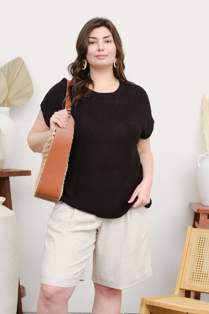 PLUS CREW NECK SHORT SLEEVE CROCHET KNIT PULLOVER