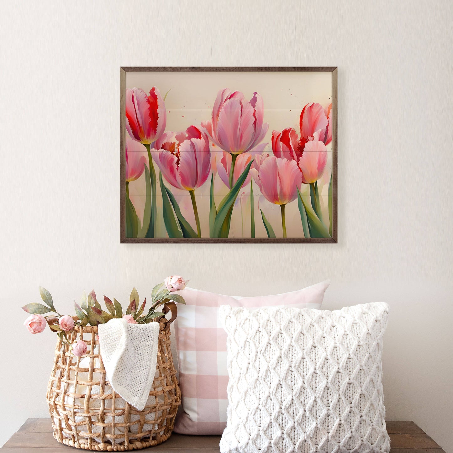 Pink Tulips White Wooden Art Print