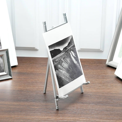 Satin silver metal easel displaying a black and white landscape photo on wood floor