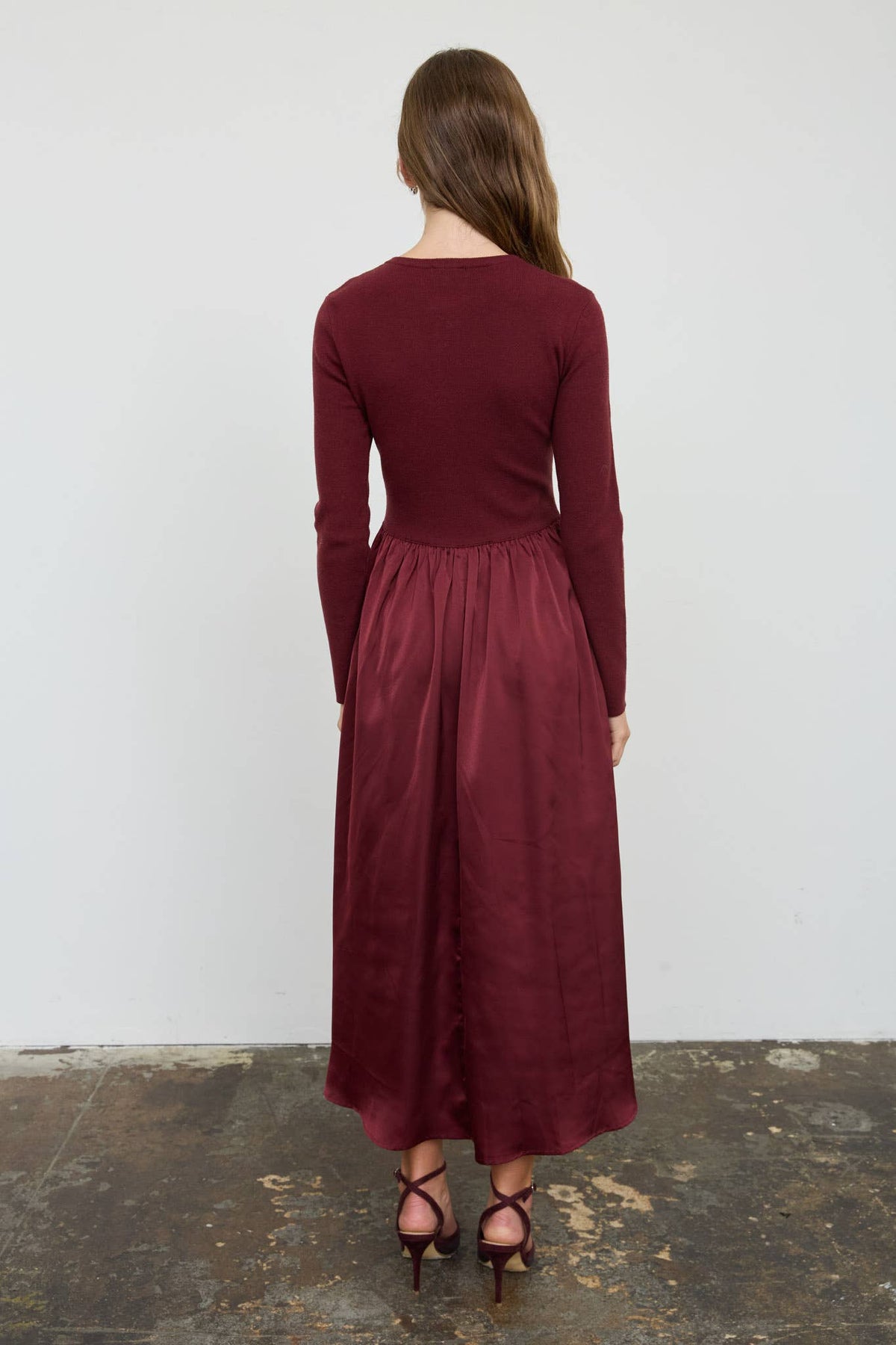 Knit Cardigan Satin Skirt Twofer Midi Dress
