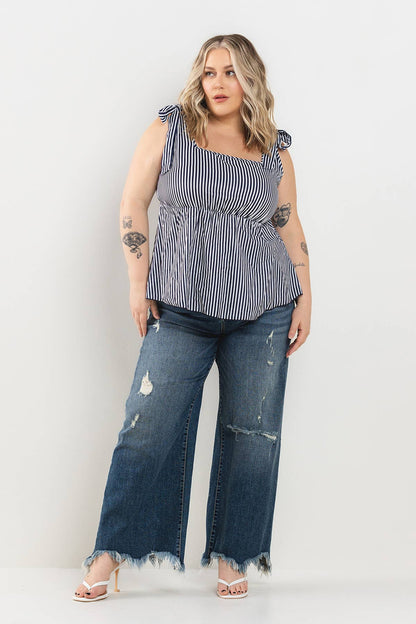 High Rise Distressed Cropped Wide Leg Jeans - Plus