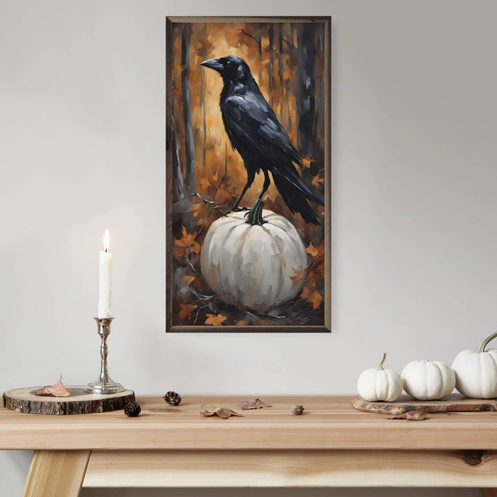 Crow On White Pumpkin Wall Decor Print