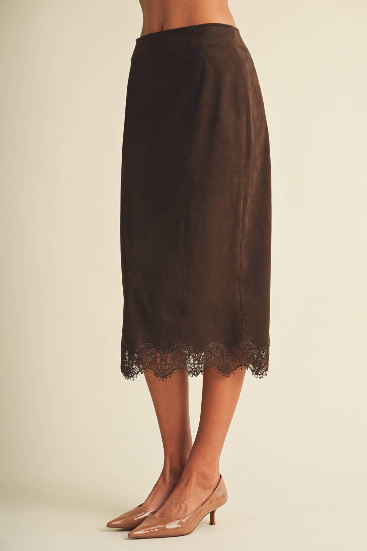 Scallop-Trim Microsuede Midi Skirt