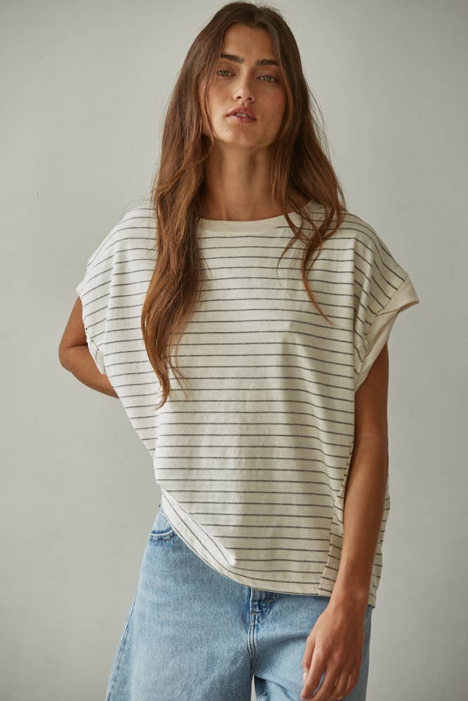 Knit Striped Jersey Round Neck Short Sleeve Top