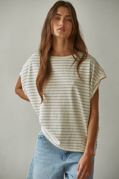 Knit Striped Jersey Round Neck Short Sleeve Top