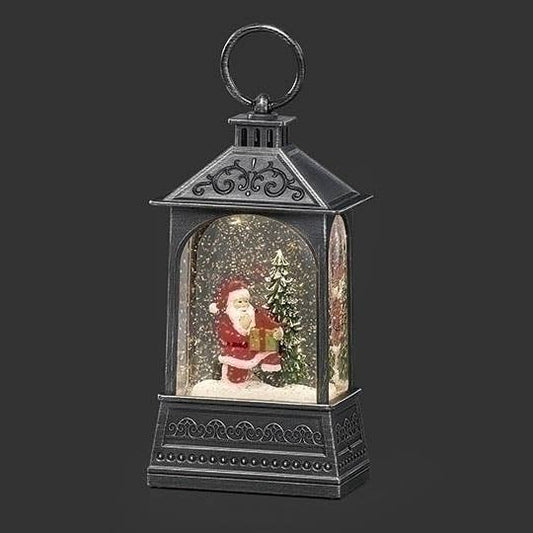 Black vintage-style lantern snow globe with lighted Santa Claus and Christmas tree figurine