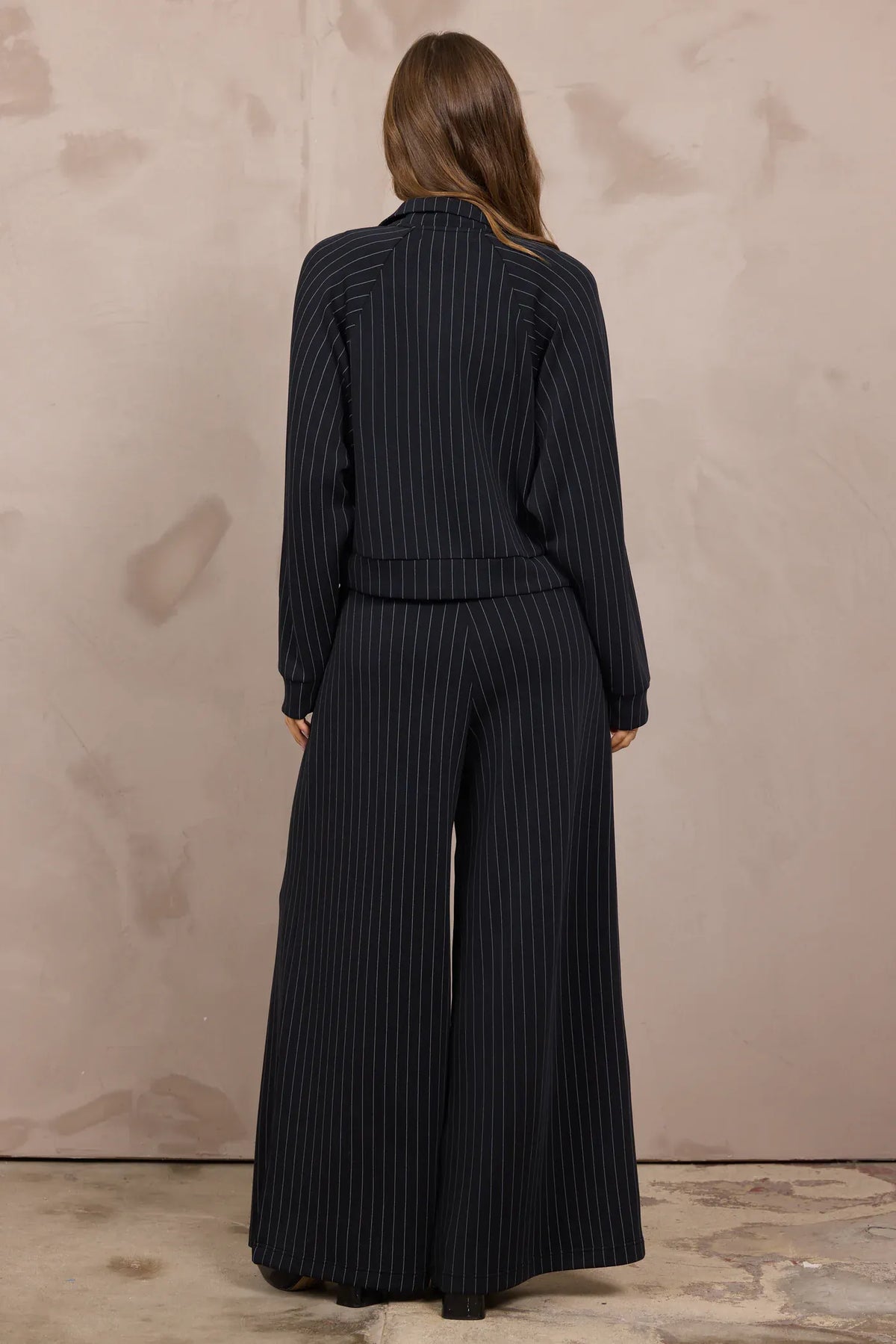 Navy blue pinstripe wide-leg pleated pants with matching striped top, back view