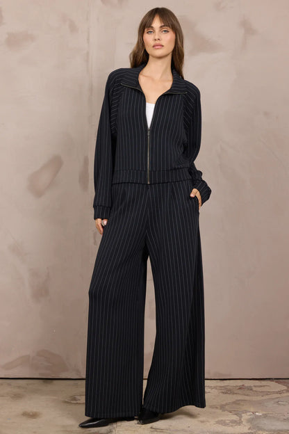 Black pinstripe raglan zip-up jacket with wide-leg matching trousers set