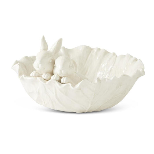 Antiqued White Dolomite Cabbage Bowl with Rabbits