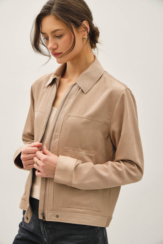 SUEDE FEEL COLLARED ZIP UP JACKETS