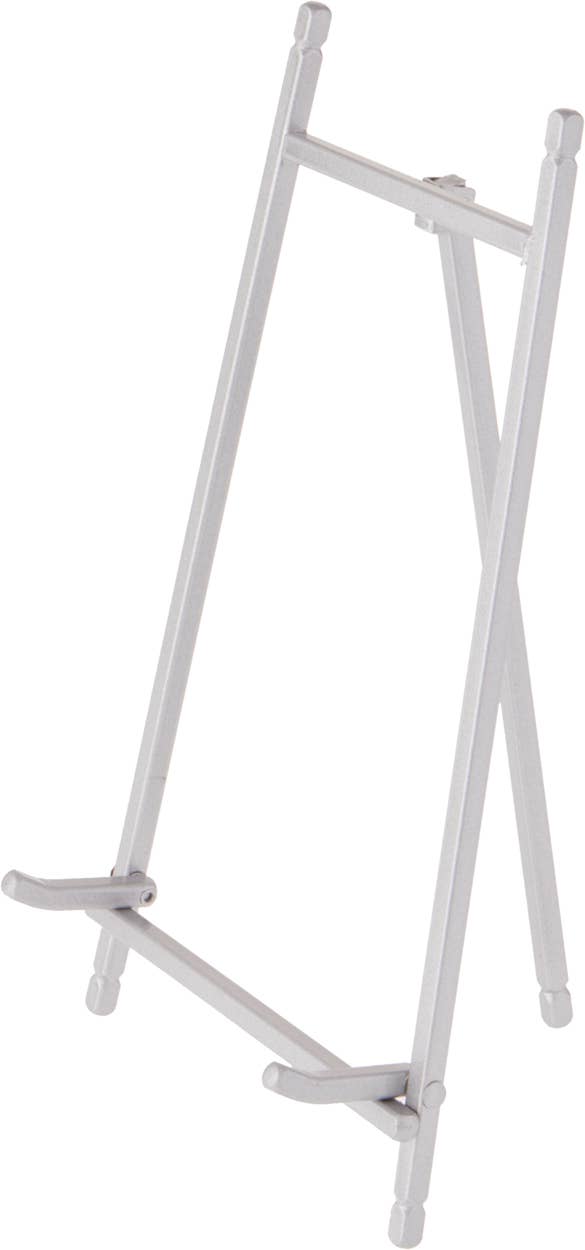 Satin silver metal display easel with adjustable ledge, 9 inches tall