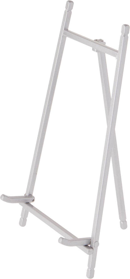 Satin silver metal display easel with adjustable ledge, 9 inches tall