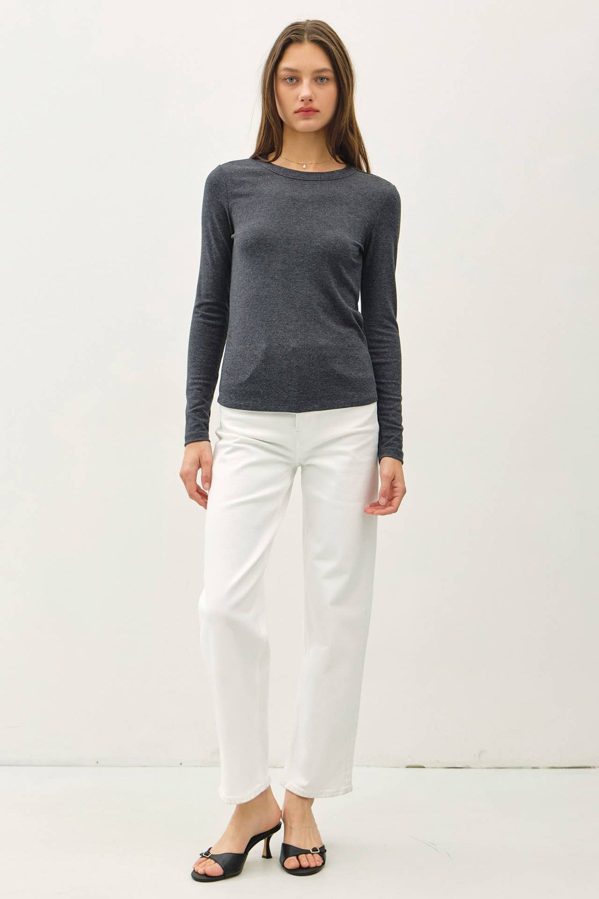 Be Cool charcoal gray round neck long sleeve fitted knit top