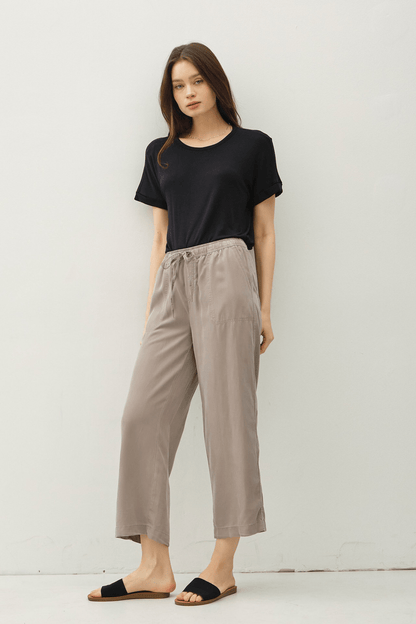 Tencel Wide Leg Capri Pants With Drawstring Waist