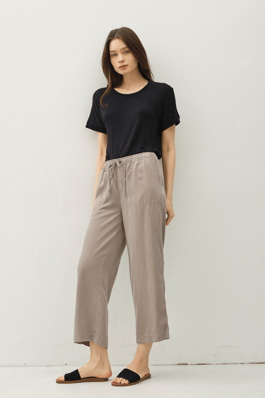 Tencel Wide Leg Capri Pants With Drawstring Waist