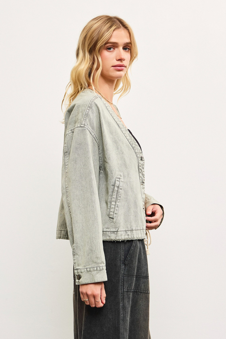 Oversized V Neck Button Up Denim Jacket Washed Grey