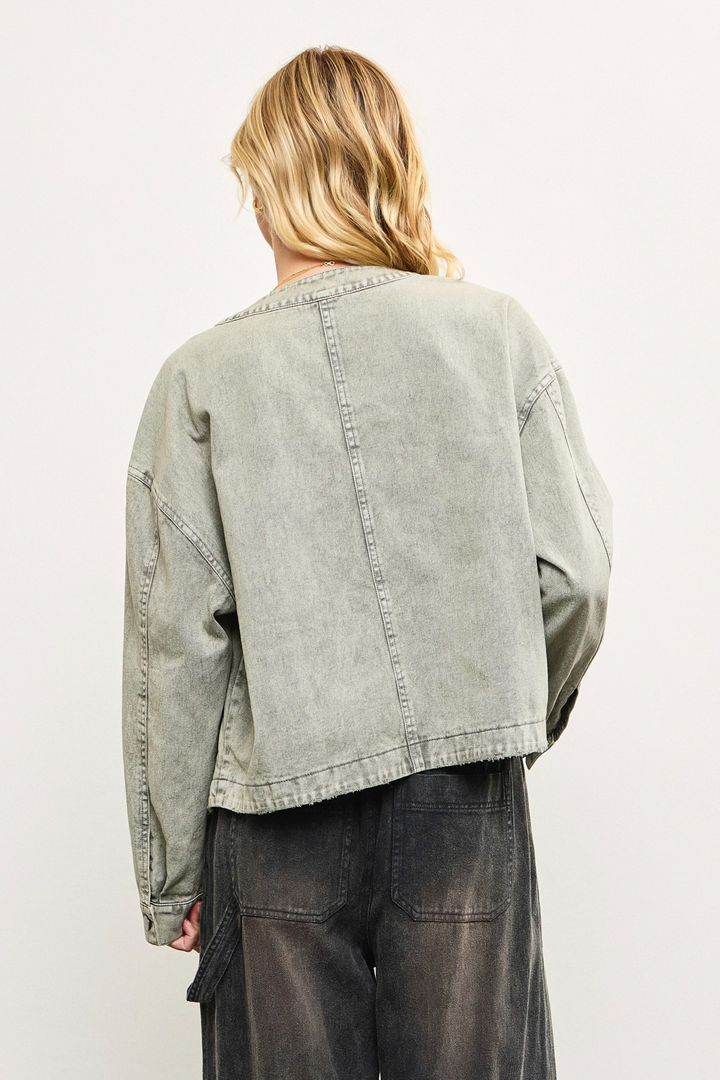 Oversized V Neck Button Up Denim Jacket Washed Grey