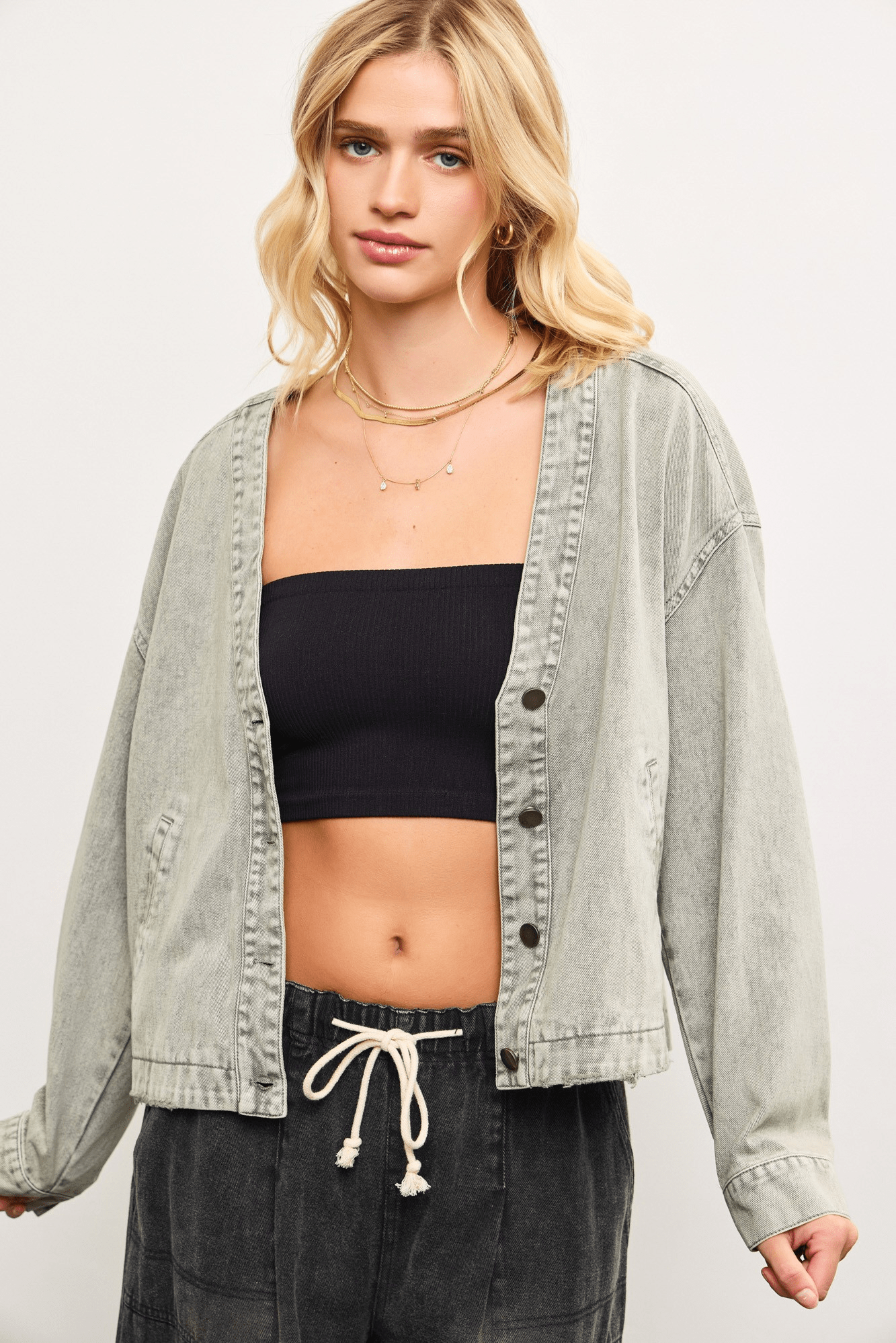 Oversized V Neck Button Up Denim Jacket Washed Grey