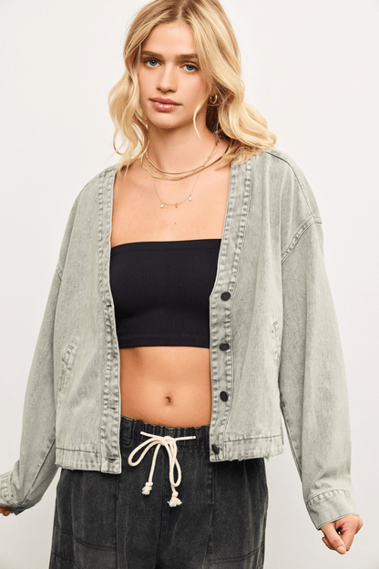 Oversized V Neck Button Up Denim Jacket Washed Grey