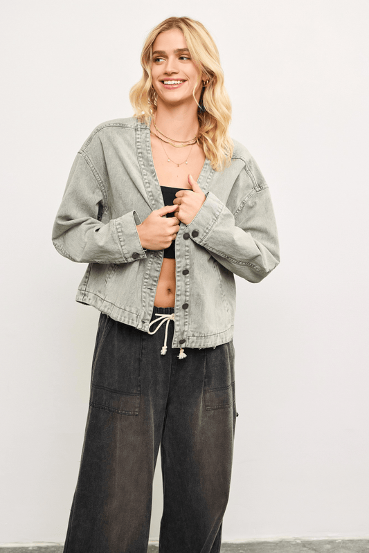Oversized V Neck Button Up Denim Jacket Washed Grey
