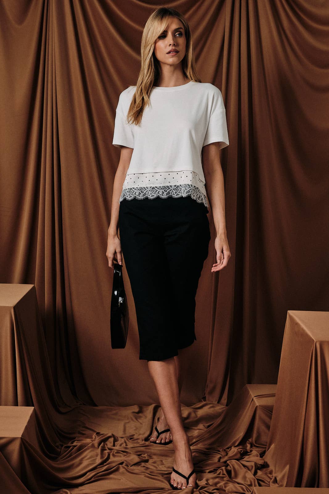 Cropped Boxy Tee with Contrast Polka Dot Lace Trim