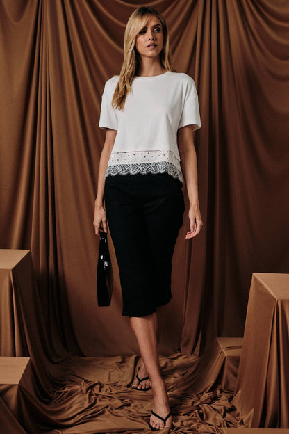 Cropped Boxy Tee with Contrast Polka Dot Lace Trim