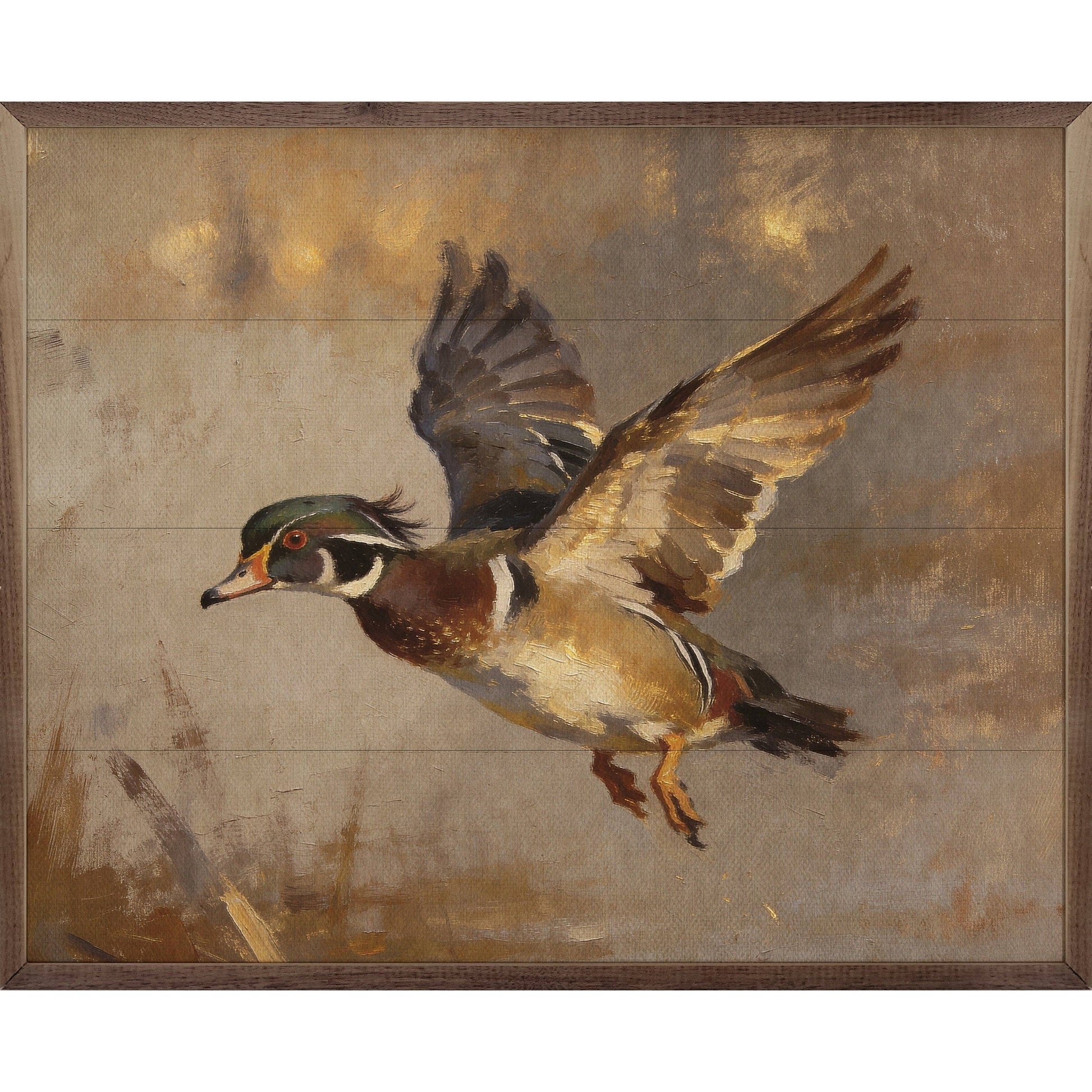 Framed oil painting of a male wood duck in flight, warm earth tones