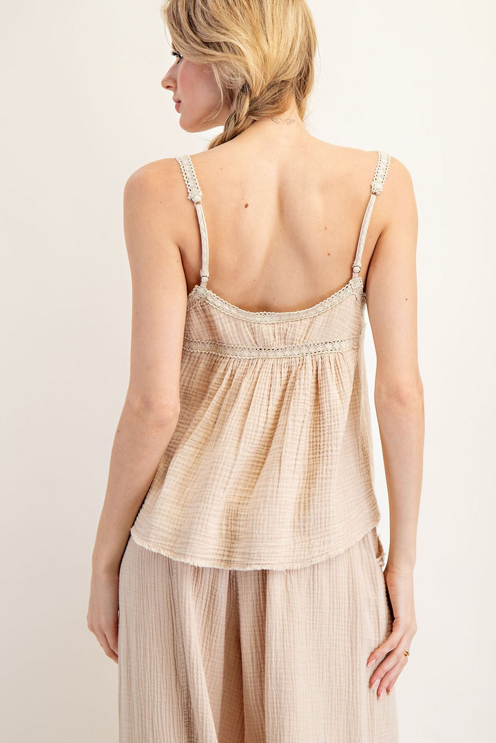 Oatmeal Mineral Washed Sleeveless Front Tie Top