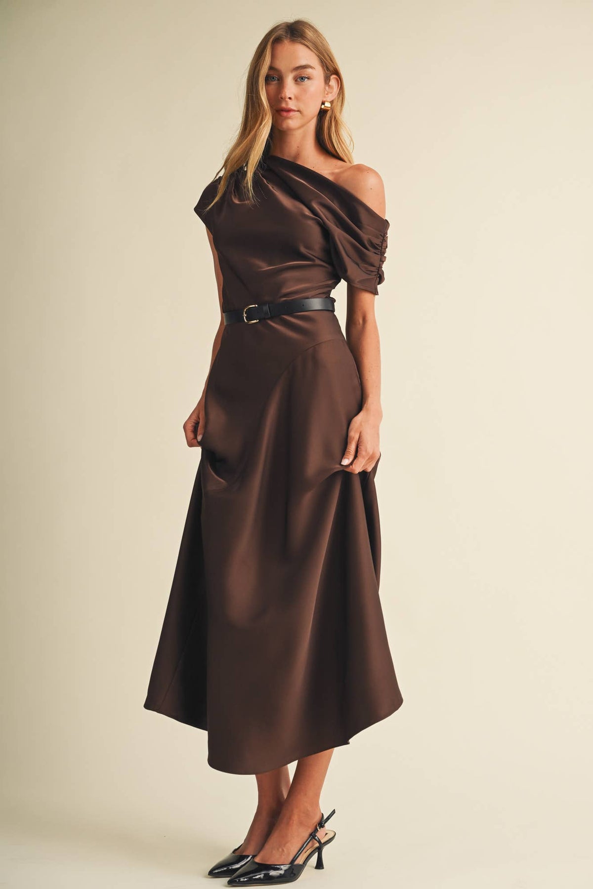 Asymmetric Cowl Neck Bias-Cut Dress