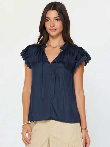 Navy Double Flutter Short Sleeve Blouse