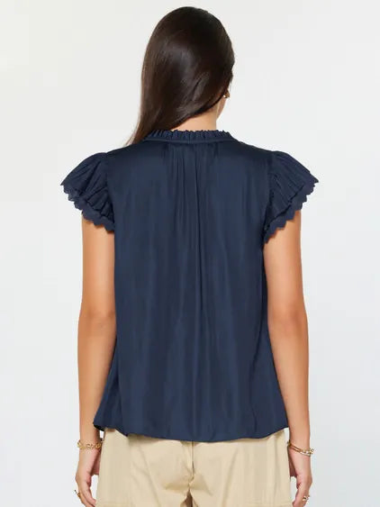 Navy Double Flutter Short Sleeve Blouse