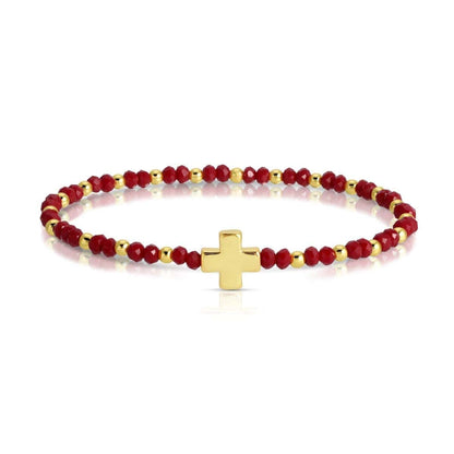 Red crystal and gold bead stretch bracelet with gold cross centerpiece