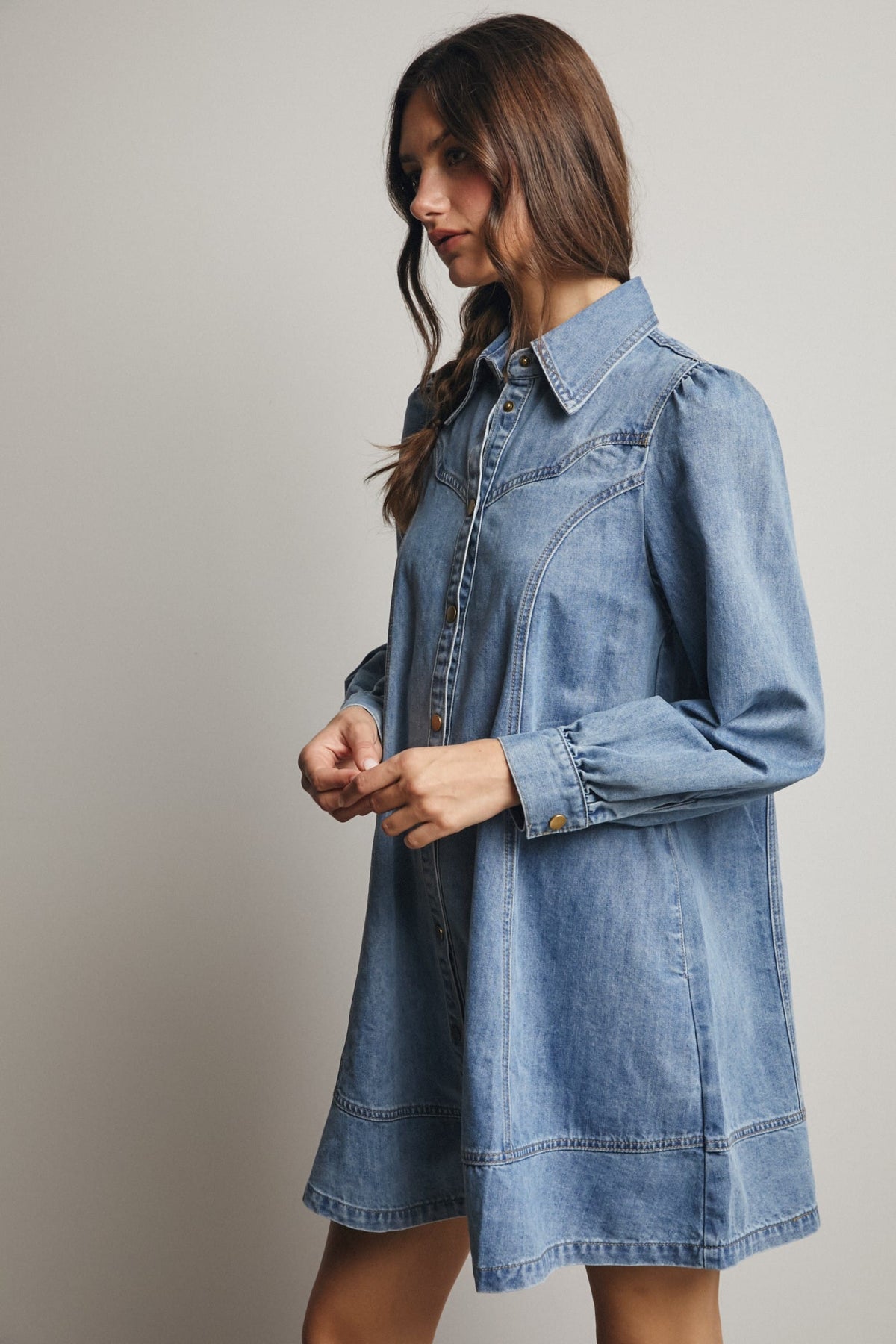 Forte Western Denim Dress in medium blue wash with snap buttons and long sleeves