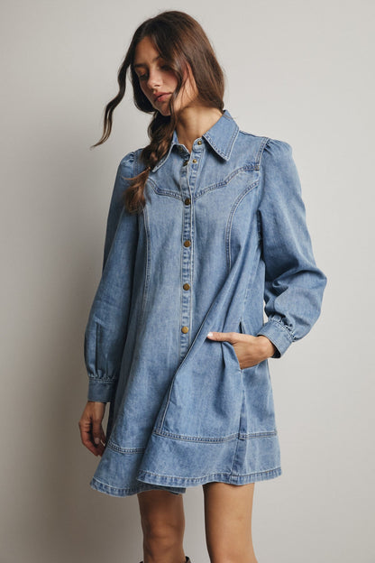 Forte Western Denim Dress in medium blue wash with puff sleeves and snap buttons
