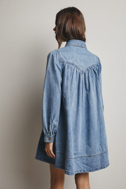 Forte Western Denim Dress in medium blue wash with gathered back yoke detail