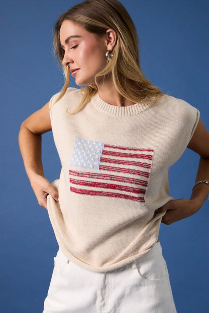 Crew Neck Wide Shoulder USA Flag Sweater