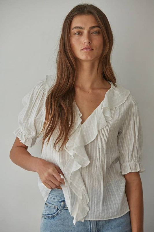 L8439 | Woven Cotton Buttondown V-Neck Short Sleeve Top