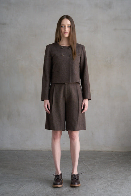 Elle Grey brown tweed double-button collarless cropped coat on model
